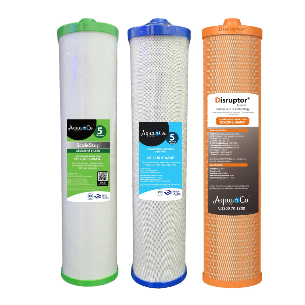 AquaCo Premium PFAS 20" x 4.5" Sediment, Carbon & Disruptor® Replacement Filter Set