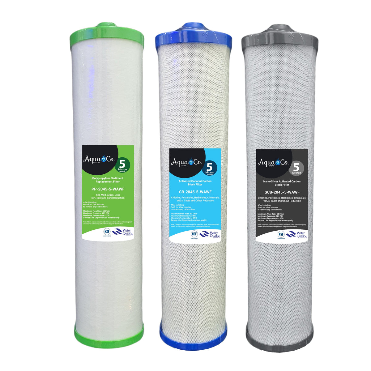 AquaCo Classic 20" x 4.5" Sediment, Carbon & Silver Carbon Replacement Filter Set