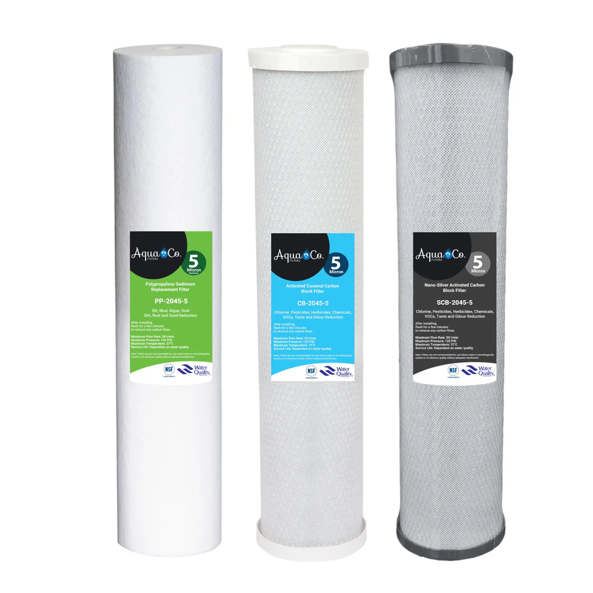 AquaCo Replacement Filter Pack 20" Classic Triple: 20" x 4.5" Sediment, Carbon & Silver Carbon