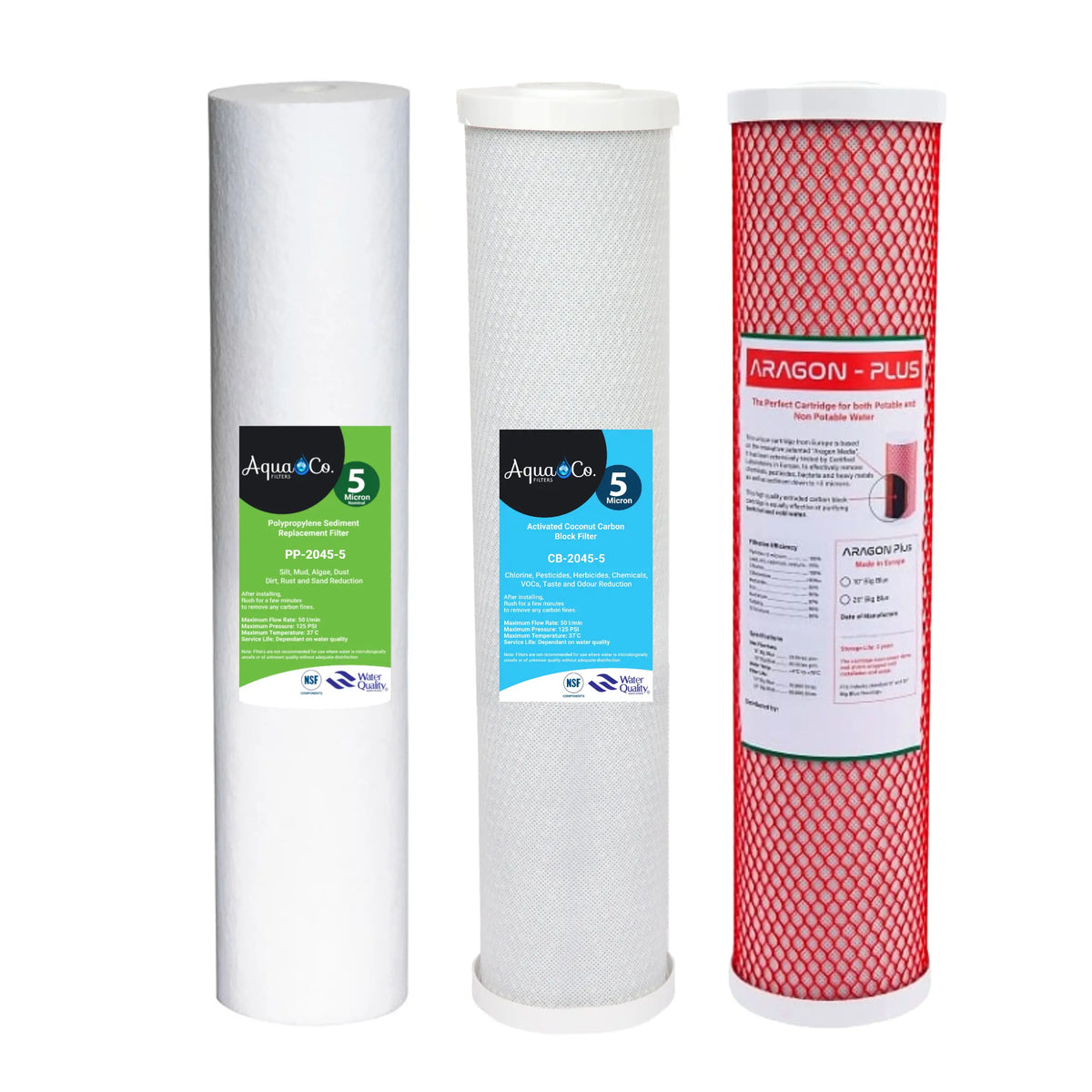 AquaCo Replacement Filter Pack 20" Premium Triple: Sediment, Carbon & Aragon