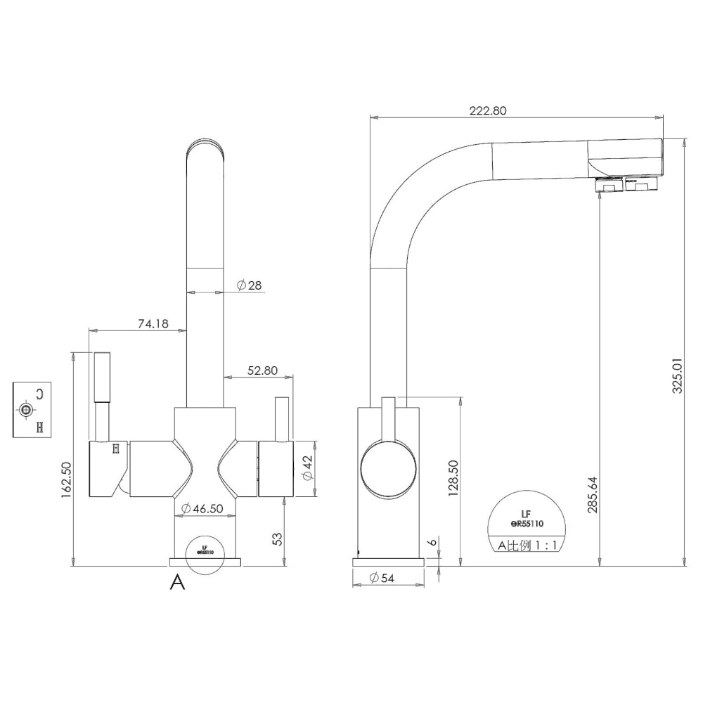 AquaCo Chrome L Shape 3-Way Mixer with LED Filter Change Reminder – 3W-SL-CH tap detail