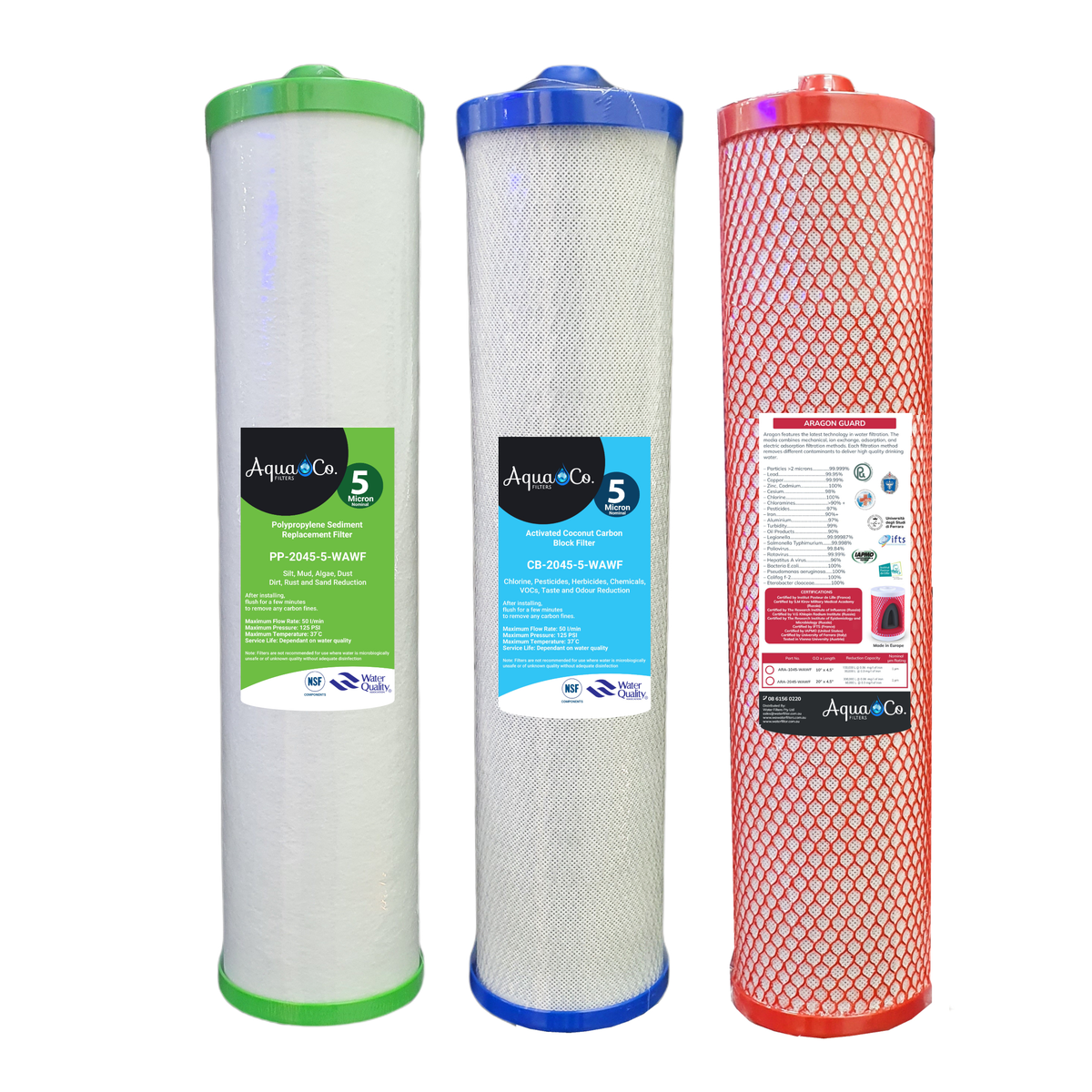 AquaCo Premium 20" x 4.5" Sediment, Carbon & Aragon Replacement Filter Set